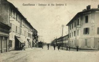 Castellanza, Imbocco di Via Umberto I, Panetteria, Trattoria Sempione / street view with restaurant and bakery, tram