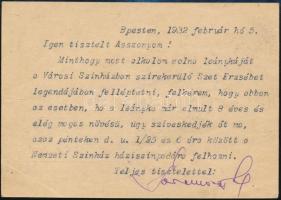 1932 vitéz Sándor Garamszeghy-Géczy (1879 - 1964) színész, a Nemzeti Színház tagjának saját kézzel í...