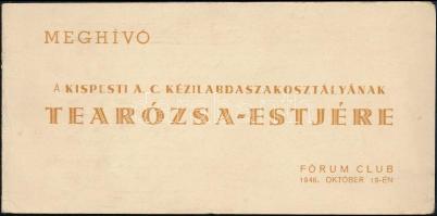 1946 Kispesti A.C. Kézilabdaszakosztályának Tearózsa-estéjének meghívója, Fórum Club, 1946. okt. 19.