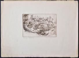 1955 Tuka László (1924-2007): Faluvége (Galgahévíz.) Rézkarc, papír, jelzett, 9x13 cm