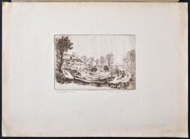 1955 Tuka László (1924-2007): Galgahévízi táj. Rézkarc, papír, jelzett, 9x13 cm