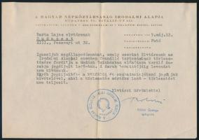 1955 Bölöni György (1882-1959) író, Magyar Népköztársaság Irodalmi Alapjának igazgatójának (1950-1959) gépelt levele Barta Lajos (1878-1964) író részére, tartozás törlesztése ügyében, Bölöni György aláírásával, fejléces papíron.