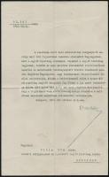 1923 Vass József (1877-1930) népjóléti miniszter (1922-1930, Bethlen-kormány) gépelt köszönő levele a nyomor leküzdésében való közreműködésért, Badál Ede I. kerületi elöljáró részére, a minisztérium fejléces papírján, Vass József aláírásával.