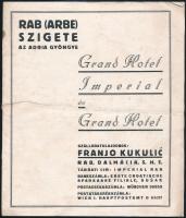 cca 1920-1929 Rab szigeti Grand Hotel Imperial és Grand Hotel magyar nyelvű prospektusa, fekete-fehér fotókkal. Bp., MÁV-nyomda, hajtásnyommal, 6 sztl. lev.