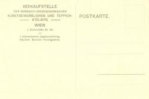 Teppichweberinnen / Bosnian Carpet weavers.  I. Internationale Jagdausstellung advertisement on the ...