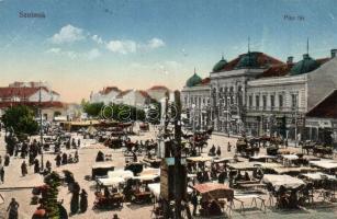 1917 Szolnok, Piac tér árusokkal, Koppán György, Fehér Adolf, Kenéz és Rosenzveig Ede üzlete (EK)