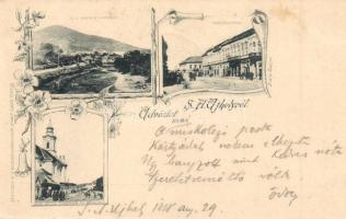 1898 (Vorläufer!) Sátoraljaújhely, Wekerle tér, Római katolikus templom, bazárok, Divald. Löwy Adolf Art Nouveau, floral