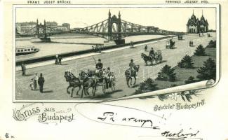 1898 Budapest, Ferenc József híd, lovas hintó. floral litho (EK)