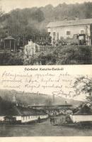 1918 Katalinhuta, Katarínska Huta (Szinóbánya, Cinobana); vasútállomás gőzmozdonnyal, üveggyár / railway station with locomotive, glass factory
