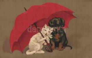 Cat and dog under umbrella. Meissner & Buch Künstler-Postkarten Serie 1943. litho