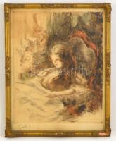 Csók István (1865-1961): Olvasó nő, színezett rézkarc, papír, jelzett, üvegezett fa keretben, 32,5×26 cm