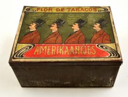 Amerikaantjes Flor de Tabacos fém szivaros doboz, szecessziós grafikával, 15×12×7 cm