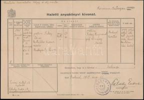 1947 pallini Inkey Dénes hősi halált halt tartalékos huszárzászlós halotti anyakönyvi kivonata