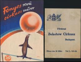 cca 1920-1930 Budapest, a városligeti cirkusz 2 db műsorfüzete