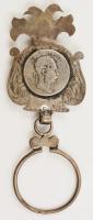 cca 1870-1880 Díszes ezüst (Ag.) övre akasztható kulcstartó Ferenc József 2 Fl érem berakással, poncolt, jelzett, mesterjeggyel (KM), 16×6 cm, nettó 68,5 g