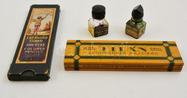 4 db-os írószer tétel: Titán Schuller ceruzás doboz, benne 3 db Schuller ceruzával; Eberhard színes ceruzás doboz, Chemol kismretű tusos üveg; Müller kisméretű tusos üveg