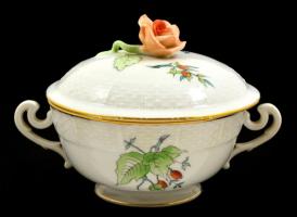Herendi csipkebogyómintás porcelán fedeles csésze, kézzel festett, jelzett, apró lepattanással, d: 11 cm