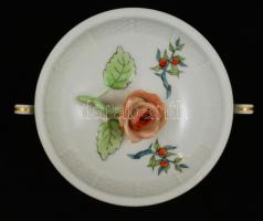 Herendi csipkebogyómintás porcelán fedeles csésze, kézzel festett, jelzett, apró lepattanással, d: 1...
