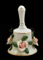Rózsákkal díszített porcelán csengő, kézzel festett, jelzés nélkül, hibátlan, h:10 cm