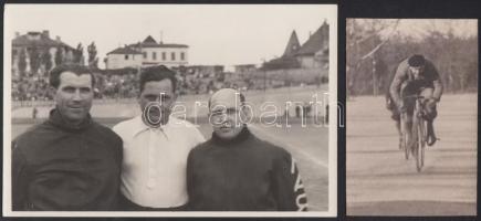 cca 1925 Kerékpárversenyzők és versenyek, 6 db vintage fotó, ebből három dedikált, 8,5x5,5 cm és 14x...