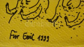 Für Emil (1967- ): Macskák és ördögök, tus, szalvéta, jelzett, 16,5×17 cm