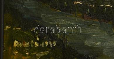 Arató János (1919-1989): Patakparton, olaj, farost, jelzett, keretben, 18×9,5 cm