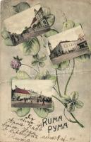 Árpatarló, Ruma; utcakép, templom, üzlet. lóherés keret / street view, church, shop. Art Nouveau clover frame (fa)