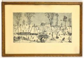 Würtz Ádám (1927-1994): Első hó, rézkarc, papír, jelzett, üvegezett fa keretben, 21×42 cm