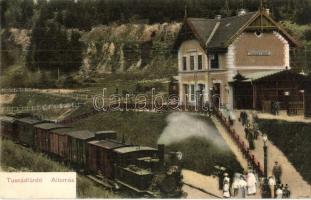 1908 Tusnádfürdő, Baile Tusnad; Vasútállomás, gőzmozdony. Kiadja Adler Alfréd / Bahnhof / railway station, locomotive