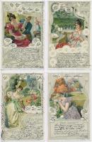 6 db RÉGI szecessziós szerelmes litho művészlap. Neuber Ráfael Titkos Szerelem sorozat. H. Schubert szignóval / 6 pre-1901 Floral, Art Nouveau litho art postcards. Secret Love series signed by H. Schubert