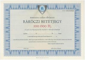 Miskolc ~2000. Rákóczi Regionális Fejlesztési Bank Rt. Rákóczi betétjegye 100.000Ft értékben, kitöltetlen, hátoldalán az Általános szerződési feltételek, vízjeles papíron T:I-