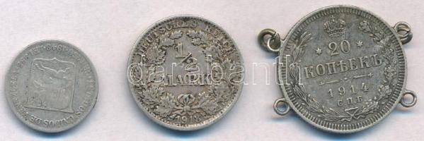 Vegyes: Német Birodalom 1918F 1/2M Ag + Orosz Birodalom 1914. 20k Ag négy füllel + Venezuela 1948. 2...
