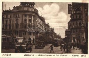 Budapest VIII. Rákóczi út (Blaha Lujza tér), automobilok, villamosok, "A divatcsarnokban most 12 fürdő nap", Harang szappan reklám, Fősör (EK)