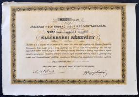 Jászladány 1911. Jászsági Helyi Érdekü Vasut Részvénytársaság elsőbbségi részvénye 200K-ról T:III