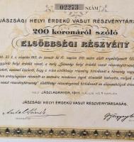 Jászladány 1911. "Jászsági Helyi Érdekü Vasut Részvénytársaság" elsőbbségi részvénye 200K-...