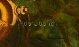 Valentiny jelzéssel: Pipázó cigány lány. Olaj, vászon, foltos, 60×45 cm