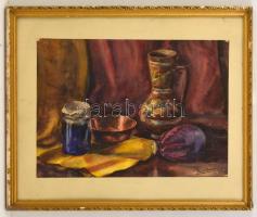 Basch jelzéssel: Asztali csendélet. Akvarell, papír, üvegezett keretben, 29×41 cm
