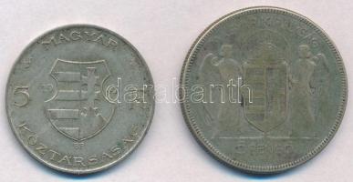 1930. 5P Ag "Horthy jobbra" + 1947. 5Ft Ag "Kossuth" T:3,2-
