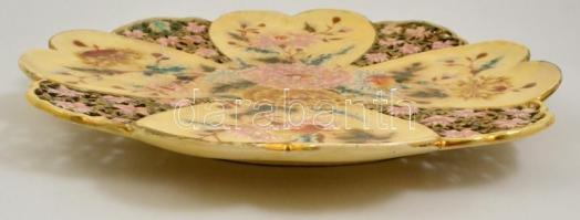 Zsolnay áttört dísztál, javított, jelzett (TJM), kopott, repedéssel, d: 37,5 cm