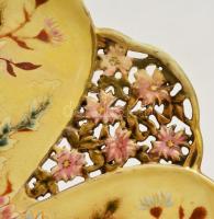 Zsolnay áttört dísztál, javított, jelzett (TJM), kopott, repedéssel, d: 37,5 cm