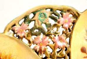 Zsolnay áttört dísztál, javított, jelzett (TJM), kopott, repedéssel, d: 37,5 cm