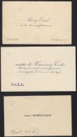 cca 1928-1940 3 db névjegykártya, közte szántói dr. Homonnay Tivadar (1888-1964), Budapest főpolgármesterének, keresztényszocialista politikus névjegykártyája, valamint jákfai Gömbös Andor, és Mezey Emil kormányfőtanácsos névjegykártyái, az utóbbi kettőn a kártyatulajdonosok saját kezű rájegyzésével, üzenetével