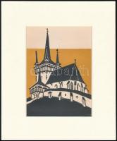 Kós Károly (1883-1977): Templom 1., színes linómetszet, papír, jelzés nélkül, paszpartuban, 15×11 cm