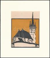 Kós Károly (1883-1977): Templom 2., színes linómetszet, papír, jelzés nélkül, paszpartuban, 14×11 cm