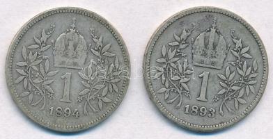 Ausztria 1893-1894. 1K Ag "Ferenc József" (2xklf) T:2-,3 Austria 1893-1894. 1 Corona Ag &q...