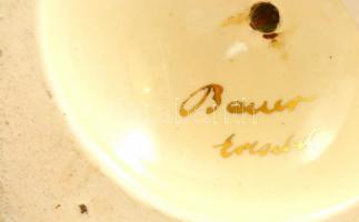 XIX. sz.: Jelzett (Bauer Erzsébet) kézzel festett gyertyatartó pár, mázas fajansz, kopott, apró lepa...