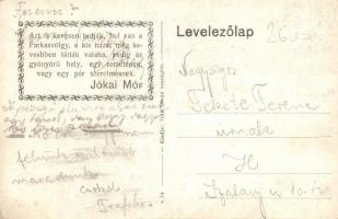 Budapest XII. Farkasrét, Szerelem bolondjai vendéglő kertje, Kármentő. Jókai Mór idézet a hátoldalon