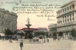 1907 Budapest VIII. Kálvin tér, villamosok, szökőkút. Taussig A. (EK)