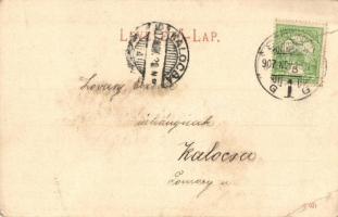 1907 Szolnok, utcakép, Schvarcz, Kalmár Mirsa (Miksa) üzlete. Kiadja Szigeti H. udv. fényképész (kis...
