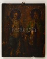 cca 1900 Nagy Konstantin és Szent Ilona ikon, erősen sérült, tojás tempera, fatábla, 22×18 cm